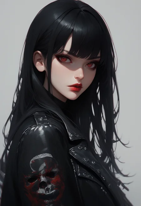 score_9, score_8_up, score_7_up,Goth girl, goth girl 1girl, 1girl,solo,long hair,looking at viewer,bangs,simple background,black hair,red eyes,jacket,upper body,parted lips,grey background,open jacket,lips,black jacket,makeup,red lips,leather jacket,   <lora:Goth_girl_XL-v2:0.8>