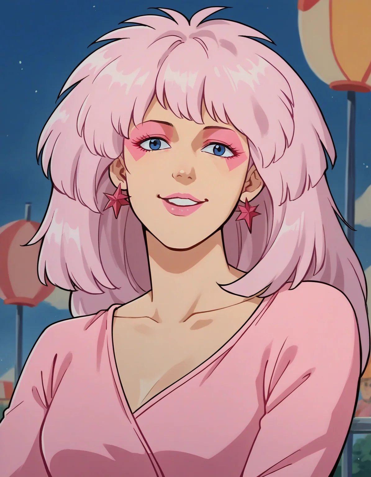 score_9, score_8_up, score_7_up, score_6_up, 1950s diner, upper body, hud_jem, 1girl, solo, long pink hair, blue eyes, tight long sleeve pink short dress, pink earrings, pink fringe sash, pink eyeshadow, pink lipstick, smile, retro artstyle, <lora:hud_jem:0.8>