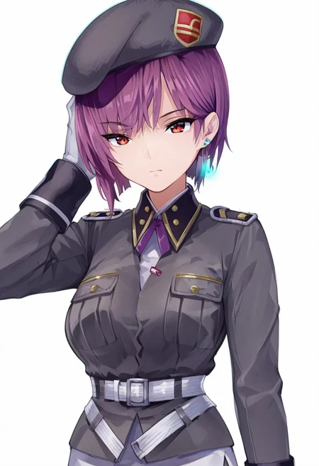 anime, masterpiece, best quality, tezuka saki, purple hair, short hair, military uniform, beret, earrings, red eyes, white skirt, pantyhose, belt, white gloves, white background, upper body