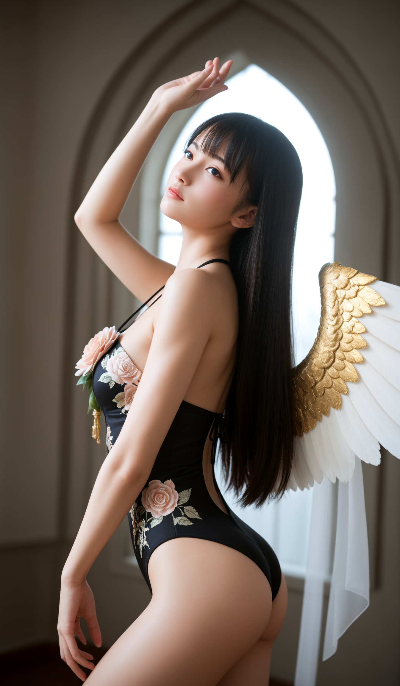 zPDXLrl,zPDXL2,(koharu_\(blue_archive\), koharu_\(swimsuit\)_\(blue_archive\), head_wings, black_bikini, black_wings, print_bikini, floral_print, official_alternate_costume, low_wings, feathered_wings, hair_bow, small_breasts, navel, black_bow,),underwear,panty,presenting,asian,having sex,narrow waist,wide hips,sexy,fantasy,dreamlike,unreal,science fiction,charming,alluring,seductive,erotic,enchanting,cleavage,exposed,(ethereal fantasy concept art of bright light),
shine,glowing,energy,(stochastic angle, stochastic pose,stochastic action),whole_body,sad,dance,from side,flowers,messyvery long hair with bangs,wearing cheongsam,
(),(gleaming surface blemishes jasper, rose cut, brilliant cut facets, 1.75 carat, colorful,    shimmering, yellow gold, tough, stalwart, dyeing, antique setting, local, exquisite, organic, timeless, mystical and occult),(plains, sunken treasure,boulder,tectonic caves),