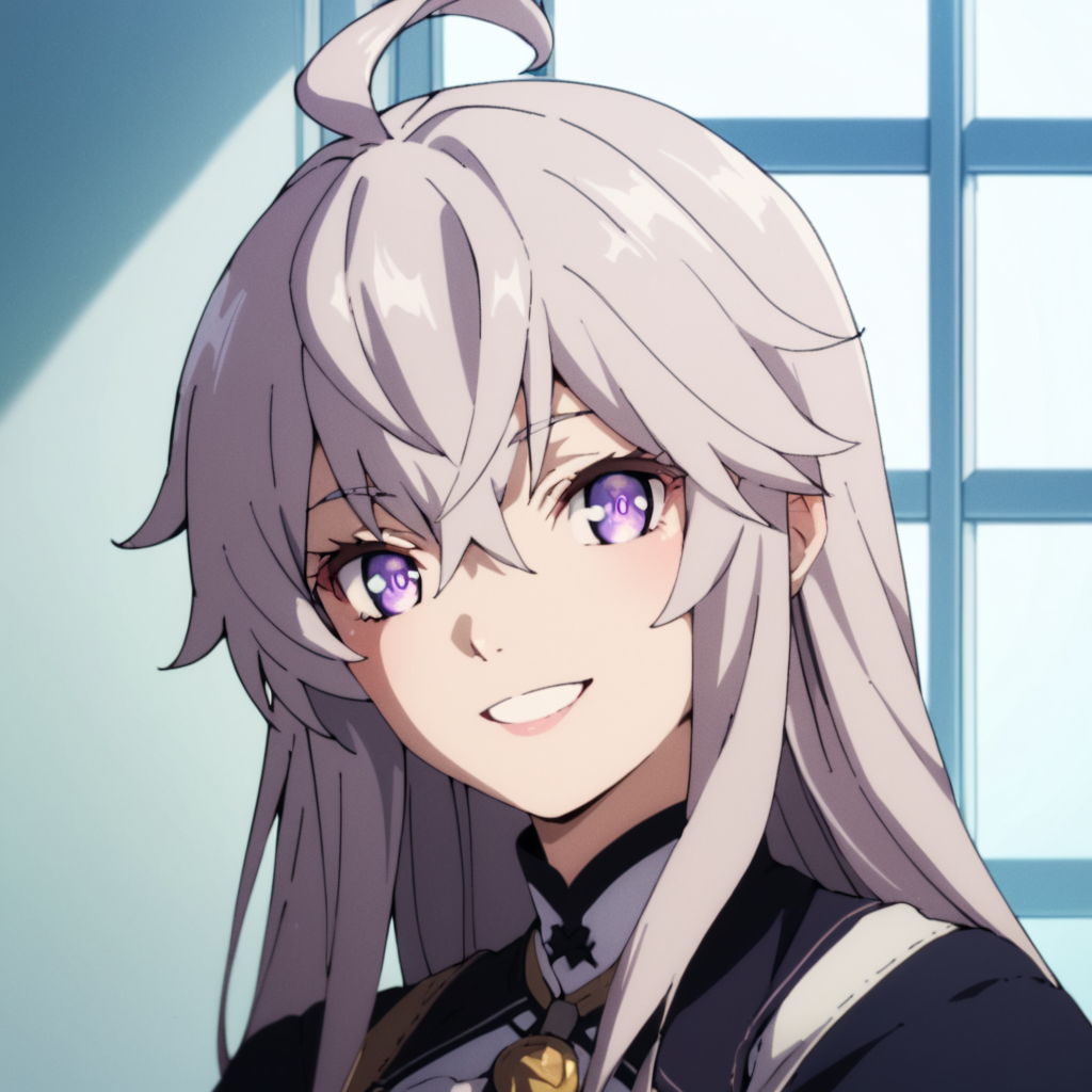 score_9, score_8_up, score_7_up, score_6_up, score_5_up, score_4_up, source_anime,  Zero, purple eyes, ahoge, grey hair, long hair, portrait, smile