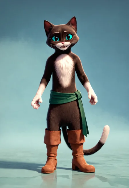 <lora:DreamWorks_Furry_Mix:0.6>, score_9, score_8_up, score_7_up, score_6_up, BREAK
source_furry, KittySoftpaws, 1girl, green bandage on waist, brown boots, full body, (front view:1.2), looking at viewer, smile, perfect face
