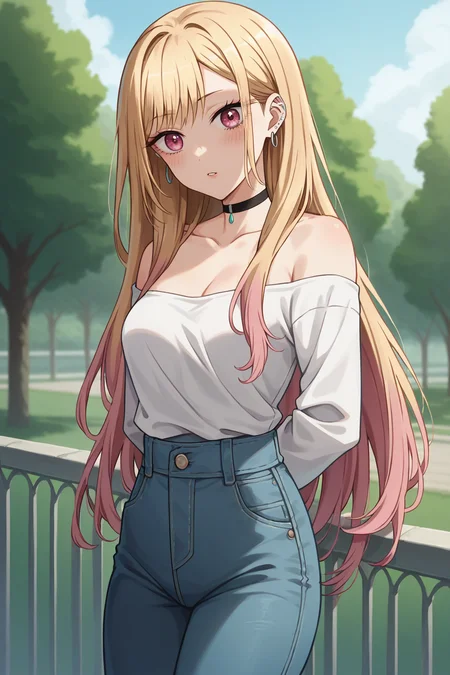 score_9, score_8_up, score_7_up, 1girl, prefect lighting, very aesthetic, intricate details, highly detailed background, masterpiece, high quality, prefect hands, best quality, solo,
<lora:Marin_Dress_up_Darling_V2:.85>, KJOmarin, blonde hair, long hair, pink eyes, earrings, ear piercing, multicolored hair,
white shirt, off shoulder, high waist jeans, choker,
arms behind back, head tilt, blush, parted lips, confused,
outdoors, sunny, tree, park,
(Beautiful, medium Breasts:1.2), natural breasts,