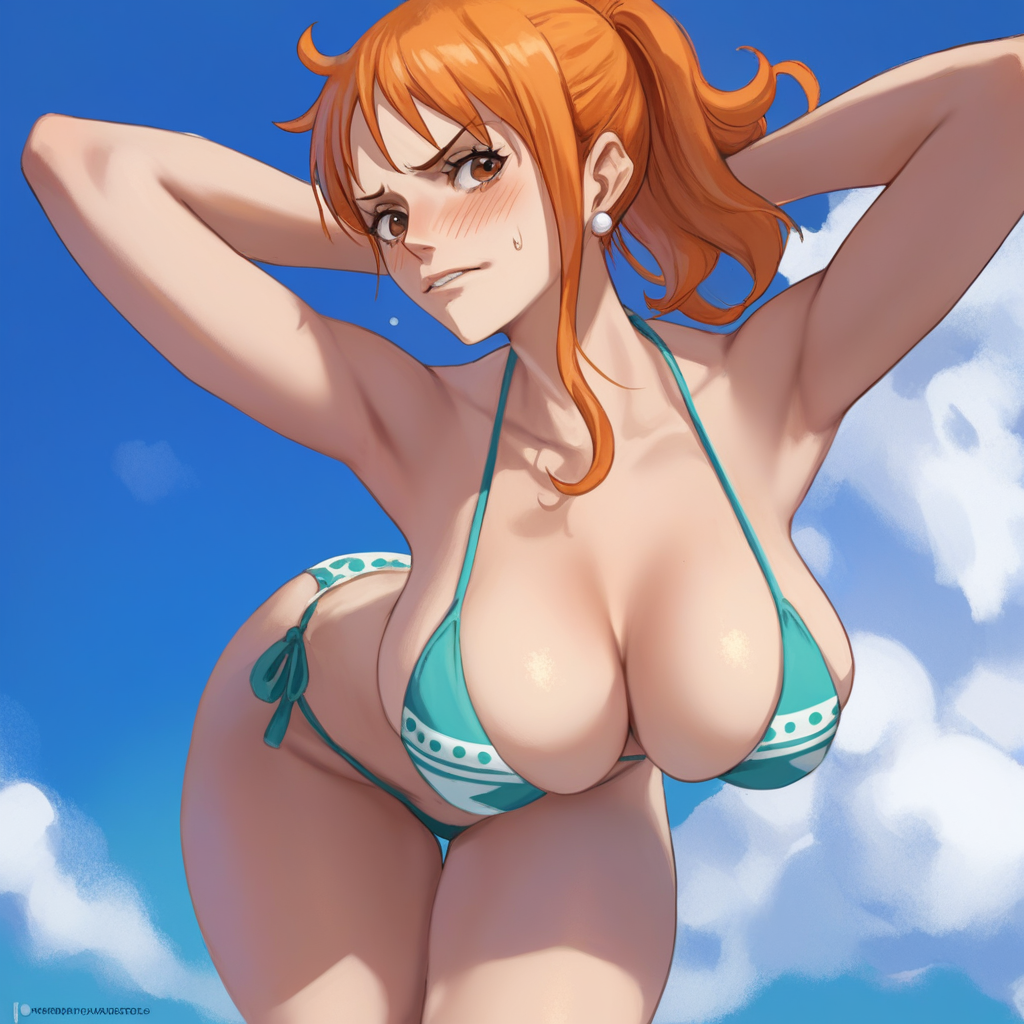 source_anime, colorful, score_9, score_8_up, score_8, (ULTR4B1N0U5TYL3:1.2), 1girl, source_anime, one piece, nami, embarrassed, orange hair, bikini, leaning forward, large breasts, masterpiece, best quality, Newest