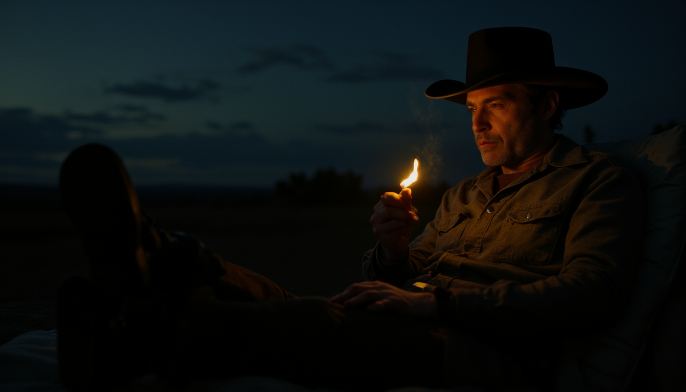 cinematic, A man in a cowboy hat leans back with his feet up, lighting a cigarette in the dim evening light. The flicker of the flame illuminates his face, creating a calm and rugged atmosphere, with his gunslinger attire adding to the Western mood, film grain, Short telephoto focal length, shot on ALEXA 65