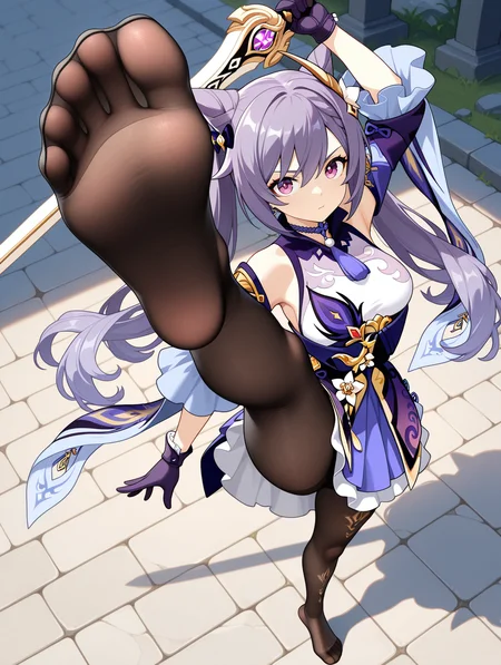 full body, keqing \(genshin impact\), 1girl,arm up,black pantyhose,feet,foot focus,foreshortening,from above,legs,long sleeves,looking at viewer,no shoes,pantyhose,solo,split,standing,standing on one leg,standing split,toes,holding sword, kicking, 
fine fabric emphasis,
stone floor, outdoors, 
,masterpiece,best quality,amazing quality,