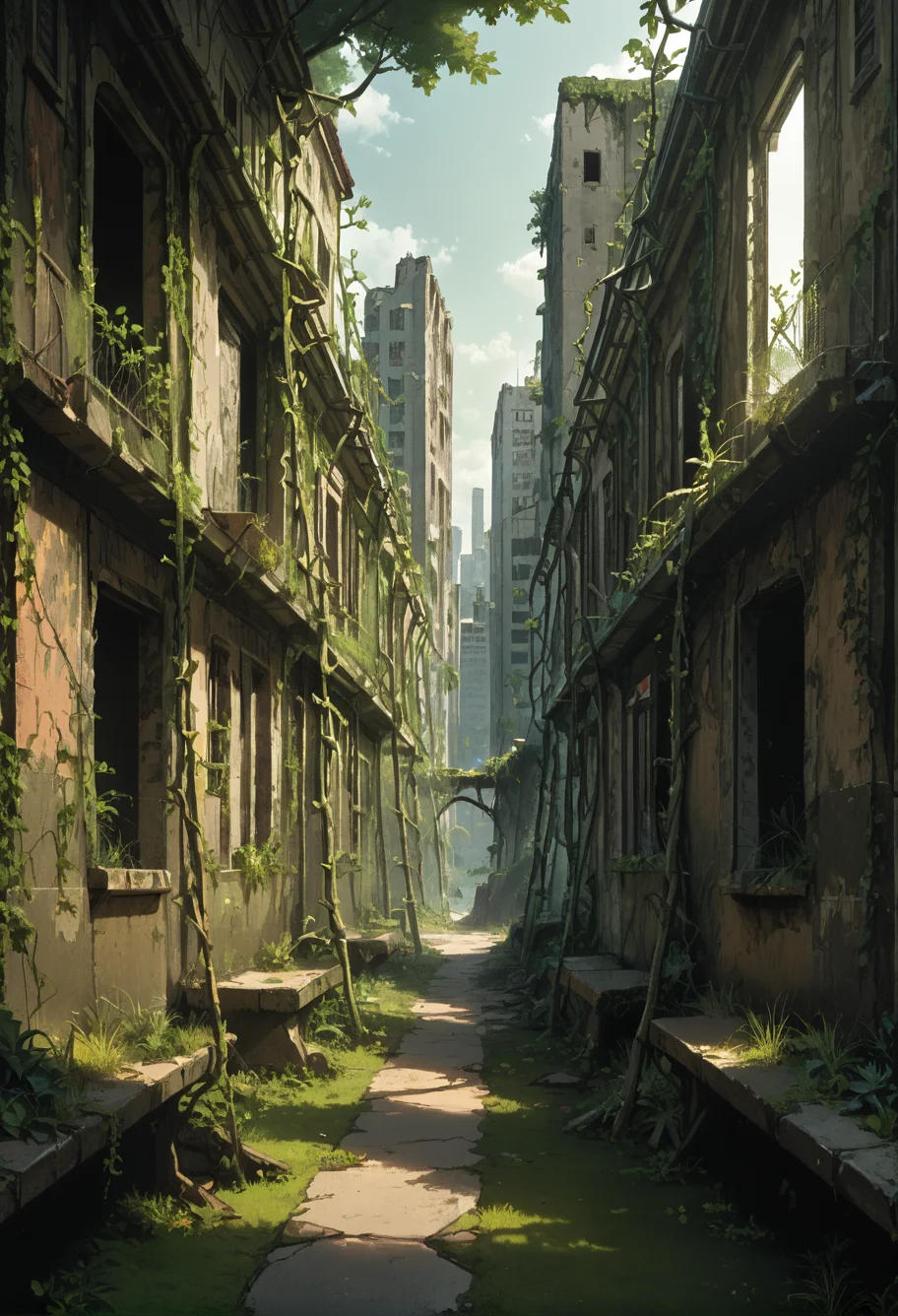 ,ruanyi0777,moss,vines,overgrown,tree,ruins,broken window,outdoors,cityscape,sidewalk,<lora:0777 no one world_v1_pony:1>, score_9,score_8_up,score_7_up,,8k,1girl,solo,