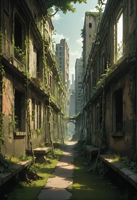 ,ruanyi0777,moss,vines,overgrown,tree,ruins,broken window,outdoors,cityscape,sidewalk,<lora:0777 no one world_v1_pony:1>, score_9,score_8_up,score_7_up,,8k,1girl,solo,