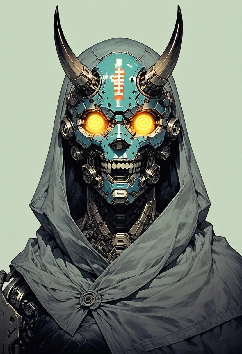 score_9, score_8_up, score_7_up, score_6_up, source_anime, lineart, B0ld01lp41nt,
solo, 1head, forest green helmet, no humans, glowing mechanical eyes, spiral horns, oni teeth, robot, mecha, beaten brown cloak, science fiction, cyborg, mechanical parts, humanoid robot,
science fiction, sinozick style, flat color, dark theme, Expressiveh, l0g0, simple background