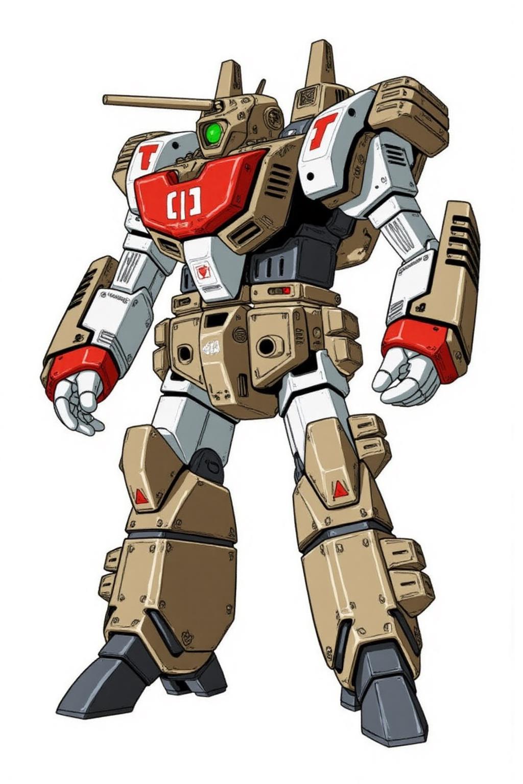 m9cha illustration.  
This image is a digital drawing of a armored humanoid combat robot, depicted in a detailed, anime-inspired style. The robot stands in a combat stance, with a rugged, militaristic design. It features a complex, blocky body covered in beige armor with various mechanical details. The torso is adorned with a prominent, angular cockpit section painted in a lighter beige color, featuring a green circular sensor or targeting device on top. <lora:macmecha1_cap_d6a3e11:1.0><lora:820698929776637691:0>