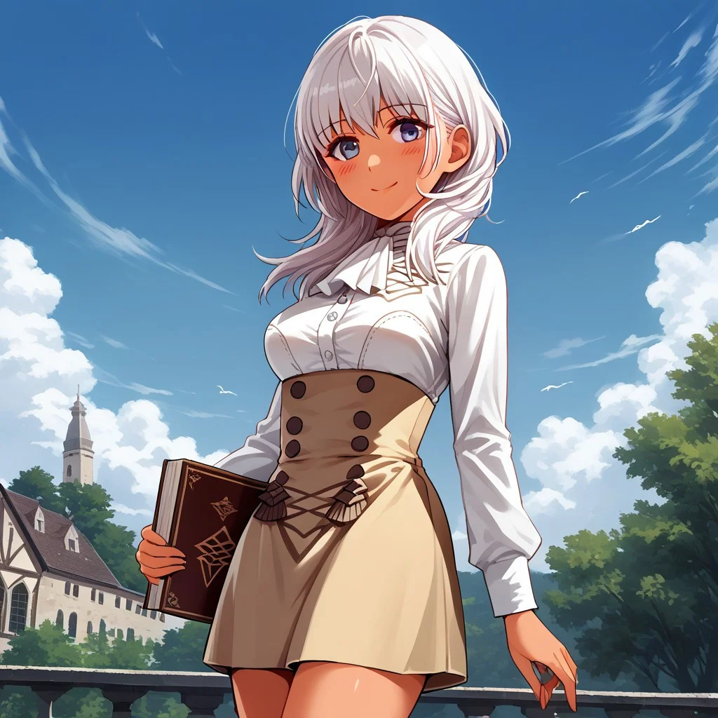 1girl, ascot, bare_legs, blue_sky, blush, book, breasts, buttons, closed_mouth, cloud, cloudy_sky, cowboy_shot, day, double-breasted, garreg_mach_monastery_uniform, high-waist_skirt, highres, holding, holding_book long_sleeves, looking_at_viewer, medium_breasts, official_alternate_costume, outdoors, shirt, skirt, sky, smile, solo, tan_skirt, taut_clothes, thighs, tree, white_ascot, white_shirt