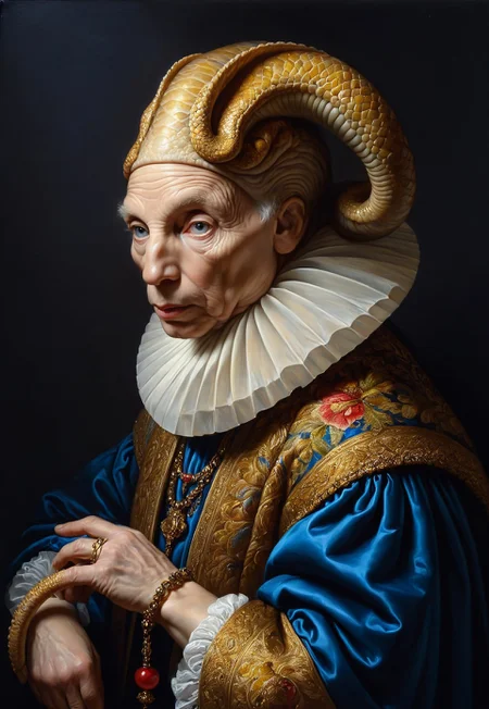 Rembrandt realistic oil painting, retro artstyle, score_9, score_8_up, score_9_up, very detailed, ultra realistic, (best quality) very detailed masterpiece, portrait of an futuristic alien, snake-like alien creature in medieval environment, red and blue velvet, very dark background, baroque style, gold, marble, flowers, very dramatic lighting, much shadow, rembrandt style vermeer style, realistic realistic, realism, photo realistic oil painting, photo realistic painting