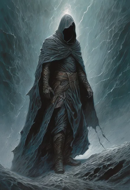 hidden face, mysterious, hooded, full body, dark enigmatic warrior, standing, storm of falling shards, tattered cloak that billows in the wind, art by Wayne Barlowe