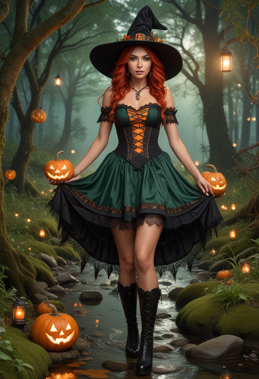 (medium full shot) of (supermodel witch) young woman, native american, tan skin, jade green eyes, Average build, red hair,  wearing Bewitching black and orange dress with pumpkin motifs, striped stockings, black boots, (Pointed hat with intricate spiderweb lace overlay), cauldron filled with bubbling potions and mystical ingredients, set in  Moonlit Grove, Enchanted clearing surrounded by towering trees, soft moss underfoot, wildflowers blooming in the moonlight, a bubbling brook winding through the foliage, and fireflies dancing in the air , at sunset, laughing, jumping in the air, Masterpiece,best quality, photorealistic, amazing quality, very aesthetic, extremely detailed face,