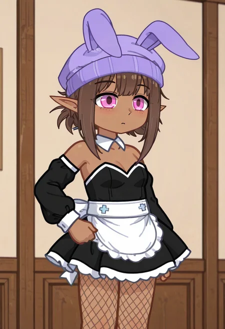 masterpiece ,best quality, amazing quality, Pel4menytop451,Pel4menytop451Gacha, gacha, 1girl, dark skin, brown hair, purple hat, hat with bunny ears, pink eyes, elf ears, black dress with white trim, maid_apron, sleeves, fishnet tights, detached sleeves