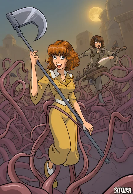 happy girl, random_combat_action_pose, scythe, perfect_face, str1pp3dbyt3nt, tentacles, assisted exposure, (4K4BUR5TYL3)