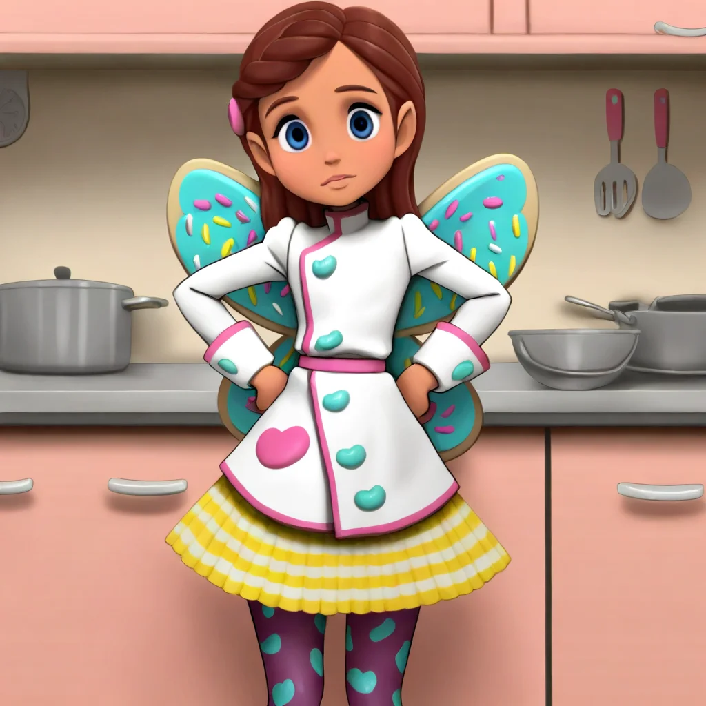 masterpiece, best quality, solo, bb_cf, brown hair, blue eyes, wings, chef coat, skirt, pantyhose, hands on hips, looking at viewer, kitchen