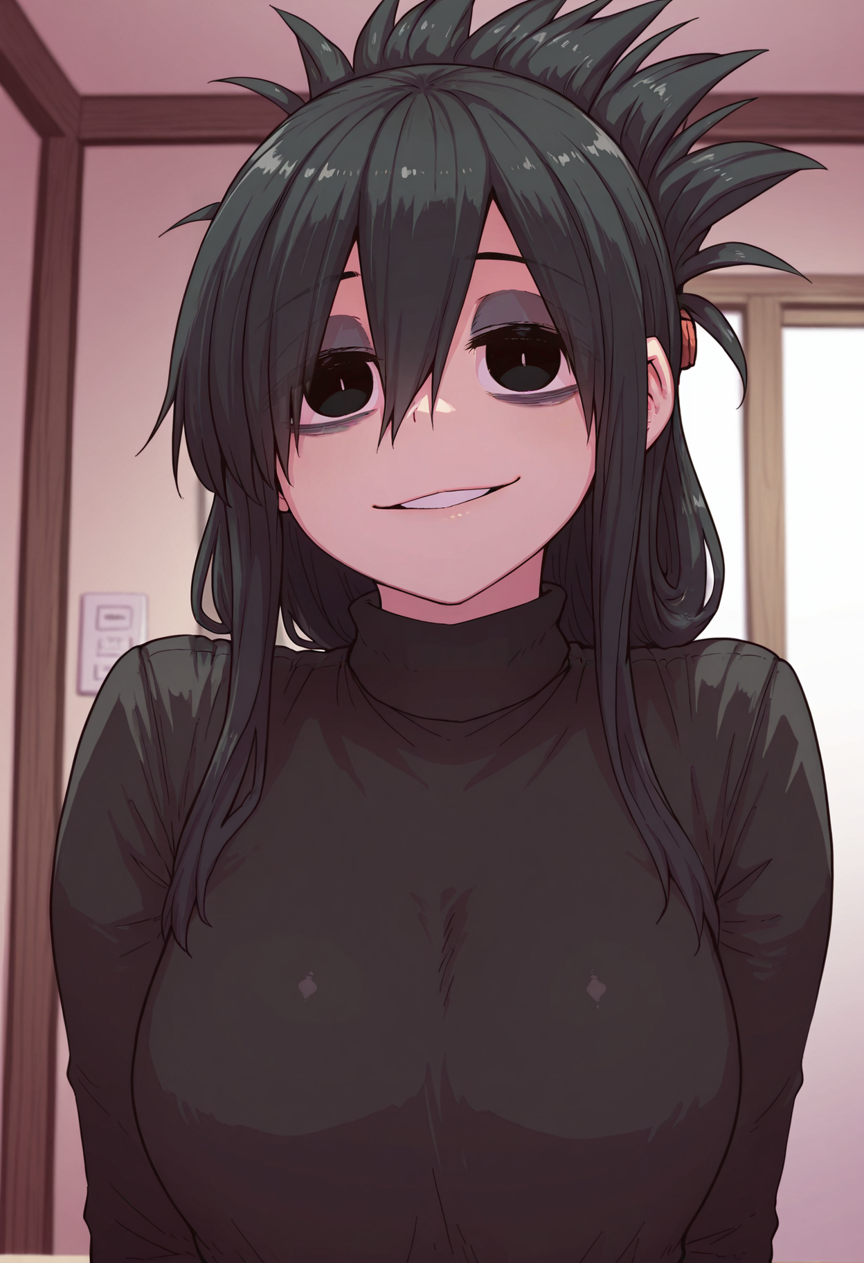 1girl,solo,mm,mature female,black hair,black eyes,long hair,bags under eyes,breasts,folded ponytail,
shirt,turtleneck,black shirt,upper body, looking at viewer, smile,indoors
,masterpiece,best quality,amazing quality,<lora:Zyugoya-karasuma-Kinjo_no_hito_no_nakimushi:0.8>