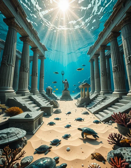 An ancient underwater Temple of Poseidon, partially buried in sand and coral at the bottom of the Aegean Sea. Massive marble columns, some broken, others still standing, encrusted with seashells and marine life. Soft sunlight filtering through the ocean surface above, casting shimmering rays over the temple ruins. Colorful fish and sea turtles swimming peacefully around. The atmosphere is mystical and serene, with a bluish-green hue dominating the scene. A statue of Poseidon with a trident stands at the center of the temple, covered in algae and marine growth. Realistic style, high detail, cinematic lighting, wide-angle view.
<lora:SDXLFaeTastic2400:0.4> <lora:extremely_detailed:0.4> extremely detailed,underwater Temple of P0s31d0n, <lora:underwater_Temple_of_P0s31d0n-i:1>, Masterpiece,best quality,hi res,8k,hi res,8k,award winning,(sharp focus, intricate, highly detailed),