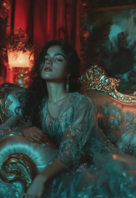 a surreal, luxurious image of a woman sitting elegantly on a lavish, baroque-style couch with ornate golden carvings. She is dressed in a flowing, teal dress with delicate lace details that catch the soft ambient light. Her dark brunette hair is styled in long waves, framing her pale, freckled ethereal face. The room around her is richly decorated, with heavy velvet curtains in a deep crimson hue and walls adorned with intricate, golden floral patterns. A vintage lamp casts a warm glow, contrasting with the cool blue light that illuminates her. The scene has a cinematic, dreamlike quality, with subtle hints of abstraction—the colors appear rich and saturated, giving the room an almost otherworldly atmosphere. In the background, a mysterious, shadowy painting hangs on the wall, adding a sense of intrigue. <lora:ARTifacts:0.8> <lora:aidmaMJ6.1:0.8> <lora:flux_realism_lora:0.8>