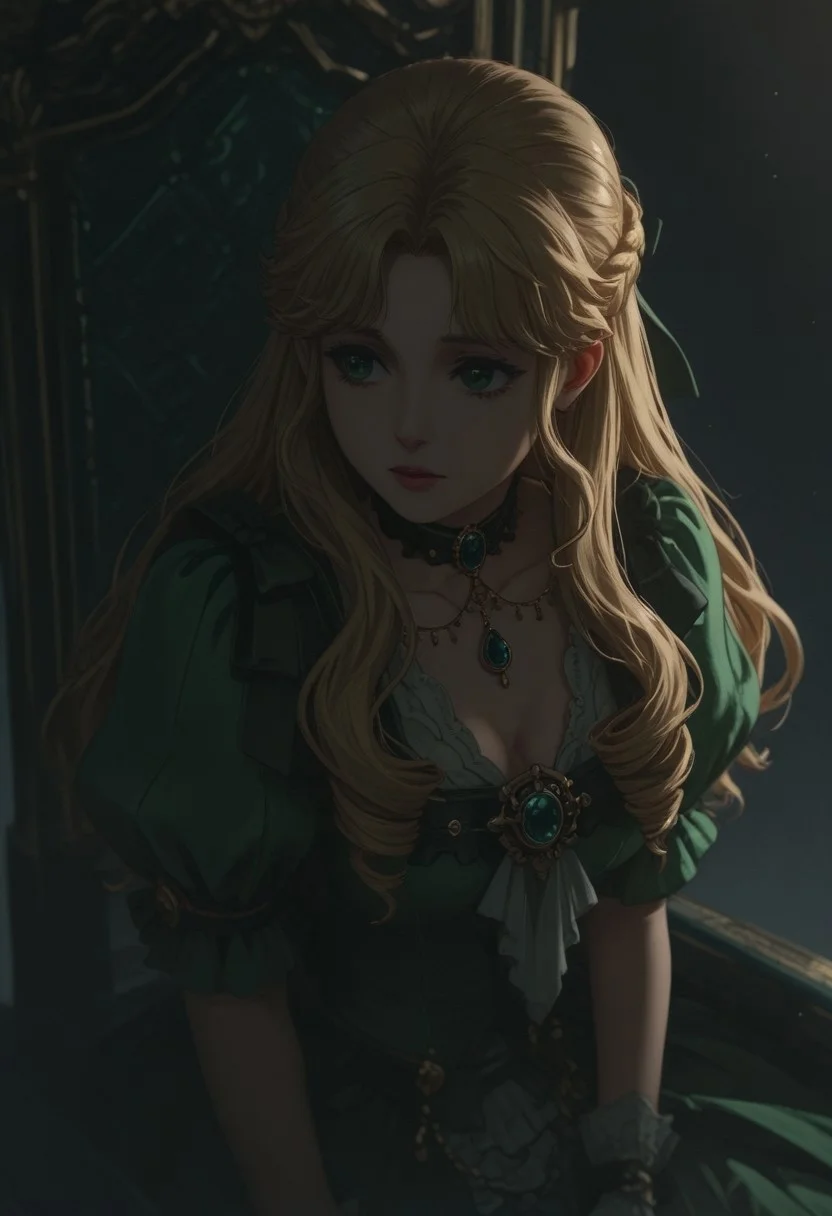 audreyhall, 1girl, solo, green eyes, blonde hair, long hair, bangs, french braid, half updo, choker, hair ribbon, lipstick, makeup, hair bow, cleavage, jewelry, necklace, white gloves, green dress, brooch, puffy short sleeves,
looking at viewer, upper body, looking to the side, light particles, white background, backlighting, gradient background, black background, sitting, chair throne, fog, mystery ambience,
masterwork, masterpiece, best quality, detailed, depth of field, , high detail, best quality, very aesthetic, 8k, dynamic pose, depth of field, dynamic angle,