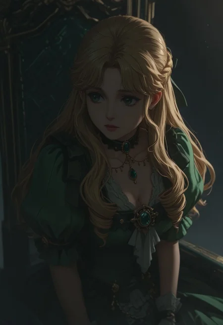 audreyhall, 1girl, solo, green eyes, blonde hair, long hair, bangs, french braid, half updo, choker, hair ribbon, lipstick, makeup, hair bow, cleavage, jewelry, necklace, white gloves, green dress, brooch, puffy short sleeves,
looking at viewer, upper body, looking to the side, light particles, white background, backlighting, gradient background, black background, sitting, chair throne, fog, mystery ambience,
masterwork, masterpiece, best quality, detailed, depth of field, , high detail, best quality, very aesthetic, 8k, dynamic pose, depth of field, dynamic angle,