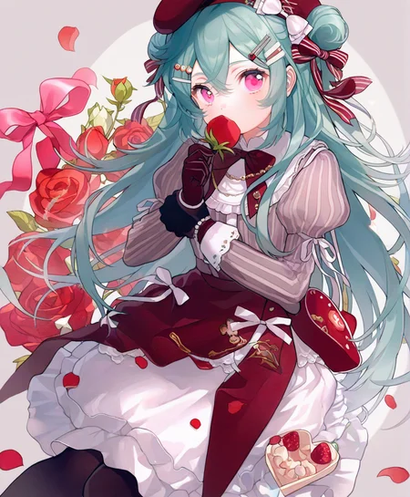 beautiful,amazing,detailed eyes,(((masterpiece))),1girl,solo,upper body,1girl,flower,solo,rose,aqua hair,red flower,long hair,gloves,red rose,hair ornament,holding,hair bun,long sleeves,bow,petals,hat,looking at viewer,hairclip,pantyhose,puffy sleeves,ribbon,fruit,skirt,juliet sleeves,striped shirt,bag,shirt,strawberry,grey shirt,frills,pink eyes,vertical-striped shirt,holding flower,striped,heart,white background,food,white bow,hair bow,white skirt,bangs,vertical stripes,hair ribbon,black pantyhose,brown gloves,simple background,hair between eyes,bowtie,black gloves,very long hair,single hair bun,