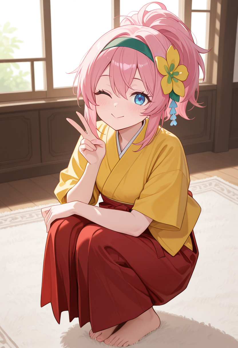 1girl,solo,<lora:sigsigil:0.9>,sigsig,blue eyes,pink hair,hair ornament,hair flower,yellow flower,ponytail,green hairband,yellow kimono,red hakama,hakama skirt,japanese clothes,short_sleeves,long skirt,looking_at_viewer,cowboy_shot,legs_together,squatting,smile,:>,barefoot,carpet,window,hands on own knees,bedroom,masterpiece,best quality,good quality,newest,incredibly absurdres,v,wink,