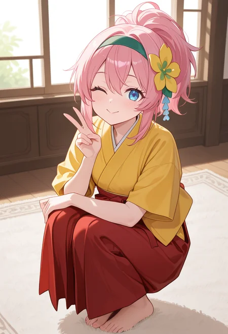 1girl,solo,<lora:sigsigil:0.9>,sigsig,blue eyes,pink hair,hair ornament,hair flower,yellow flower,ponytail,green hairband,yellow kimono,red hakama,hakama skirt,japanese clothes,short_sleeves,long skirt,looking_at_viewer,cowboy_shot,legs_together,squatting,smile,:>,barefoot,carpet,window,hands on own knees,bedroom,masterpiece,best quality,good quality,newest,incredibly absurdres,v,wink,