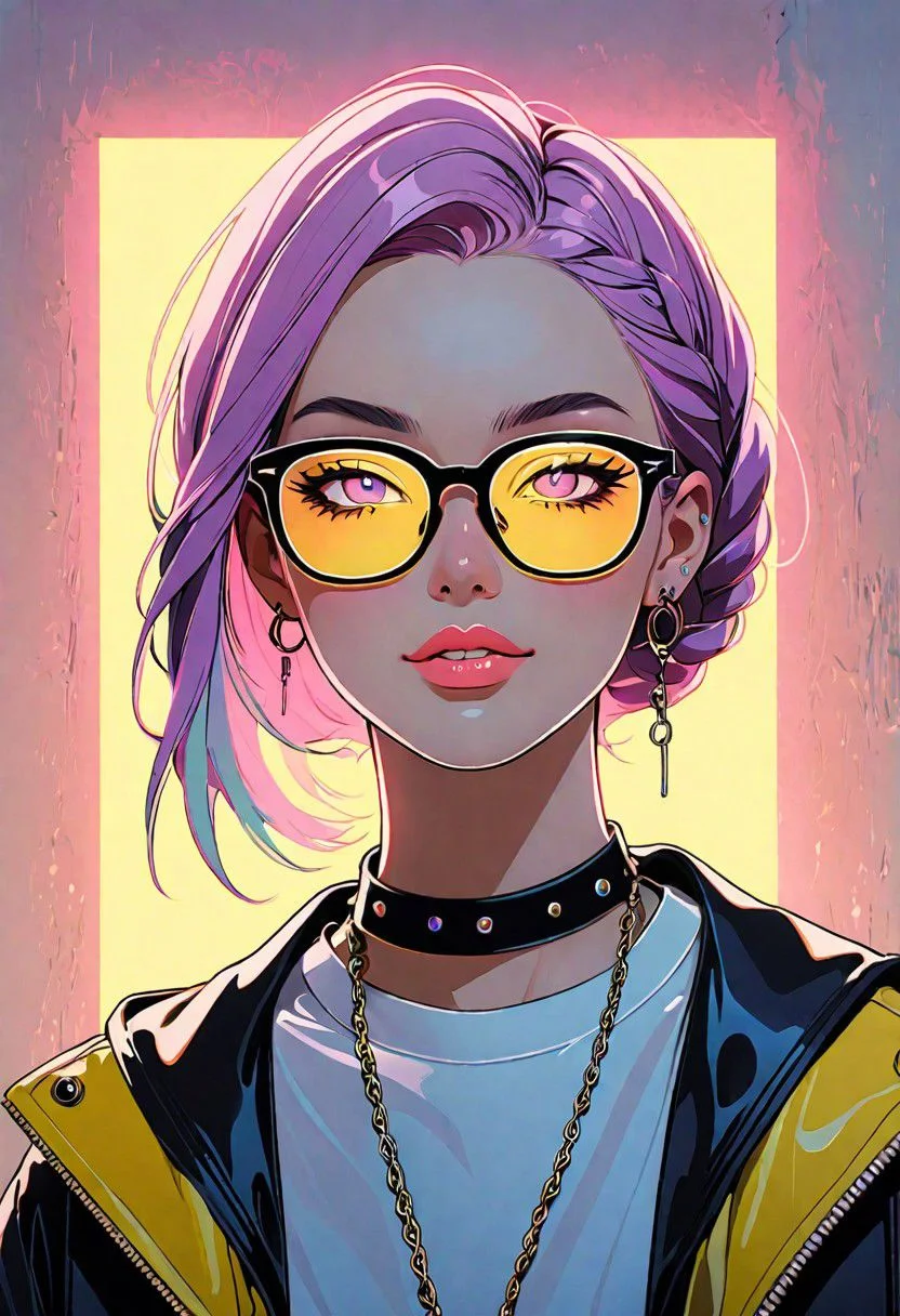 Light Projection,a portrait of a beautiful woman painted on wall with light,stunning beauty,soft light, pastel colors, muticolore hair, punk, line art,simple background, modernism, glowing lips, piercings, lips closed, light smile, masterpiece, natural style, braids, neon, detailled iris, rich woman, big glasses, nerd
