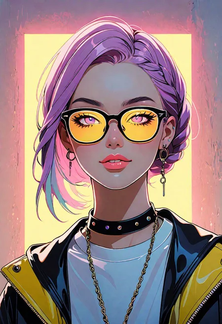 Light Projection,a portrait of a beautiful woman painted on wall with light,stunning beauty,soft light, pastel colors, muticolore hair, punk, line art,simple background, modernism, glowing lips, piercings, lips closed, light smile, masterpiece, natural style, braids, neon, detailled iris, rich woman, big glasses, nerd