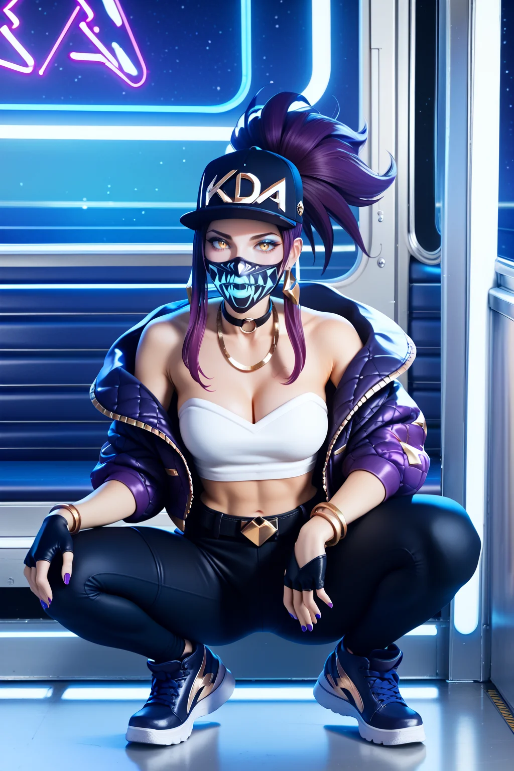 score_9, score_8_up, score_7_up, masterpiece, high quality,
<lora:KDAAkaliPonyLora:0.8> KDA, 1girl, yellow eyes, long hair, purple hair, bangs, ponytail, baseball cap, cleavage, earrings, collar, necklace, hooded jacket, off shoulder, fingerless gloves, bracelet, strapless, white bustier, midriff, belt, black single pantsleg, black single thighhigh, black one leg pants sneakers, makeup, nail polish, wearing neon glowing print mask, squatting in a subway train, neon colors, ((black light, dark, at night, flicker lights))