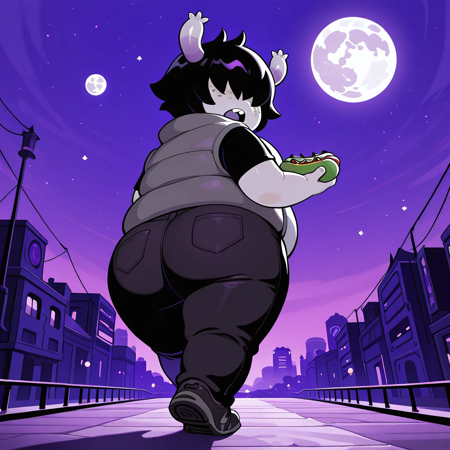 masterpiece, official art, best quality, detailed, solo, diemen, 1boy, male, troll, grey skin, freckles, black hair+, hair covering eyes, obscured eyes, orange horns, plump, obese, fat, noseless, no nose, short, young, grey vest, black shirt, black pants, black shoes, walking, looking at viewer, open mouth, teeth, outdoors, alien planet, city, night time, alleyway, ((purple theme background, purple sky, pink moon, green moon, two moons in sky)), holding hot dog, hot dog, rear view, from behind, looking back, frown, open mouth