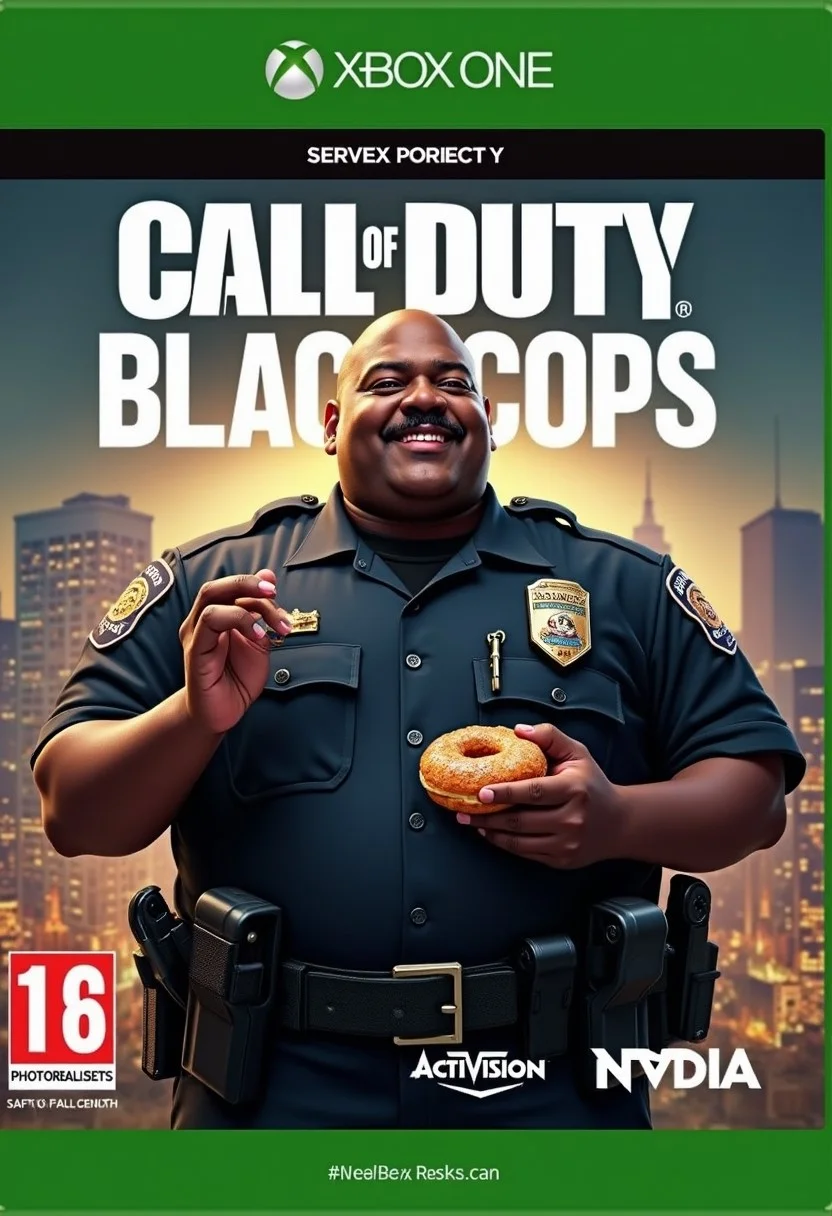A XBOX Series X video game disc cover, in the style of Call of Duty, the front depicts an African American police officer in uniform, overweight, smiling, moustache, holding a donut,
((The heading is "Call of Duty: BLACK COPS")),
masterpiece, 4k, photorealistic, call of duty font, a half and half background of New York and Los Angels in the background, PG 16 logo on bottom of cover, N-Vidia, logo on cover, Activision logo on cover,