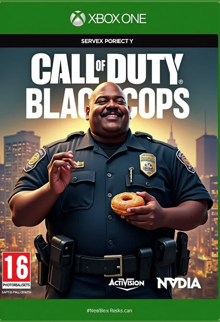 A XBOX Series X video game disc cover, in the style of Call of Duty, the front depicts an African American police officer in uniform, overweight, smiling, moustache, holding a donut,
((The heading is "Call of Duty: BLACK COPS")),
masterpiece, 4k, photorealistic, call of duty font, a half and half background of New York and Los Angels in the background, PG 16 logo on bottom of cover, N-Vidia, logo on cover, Activision logo on cover,