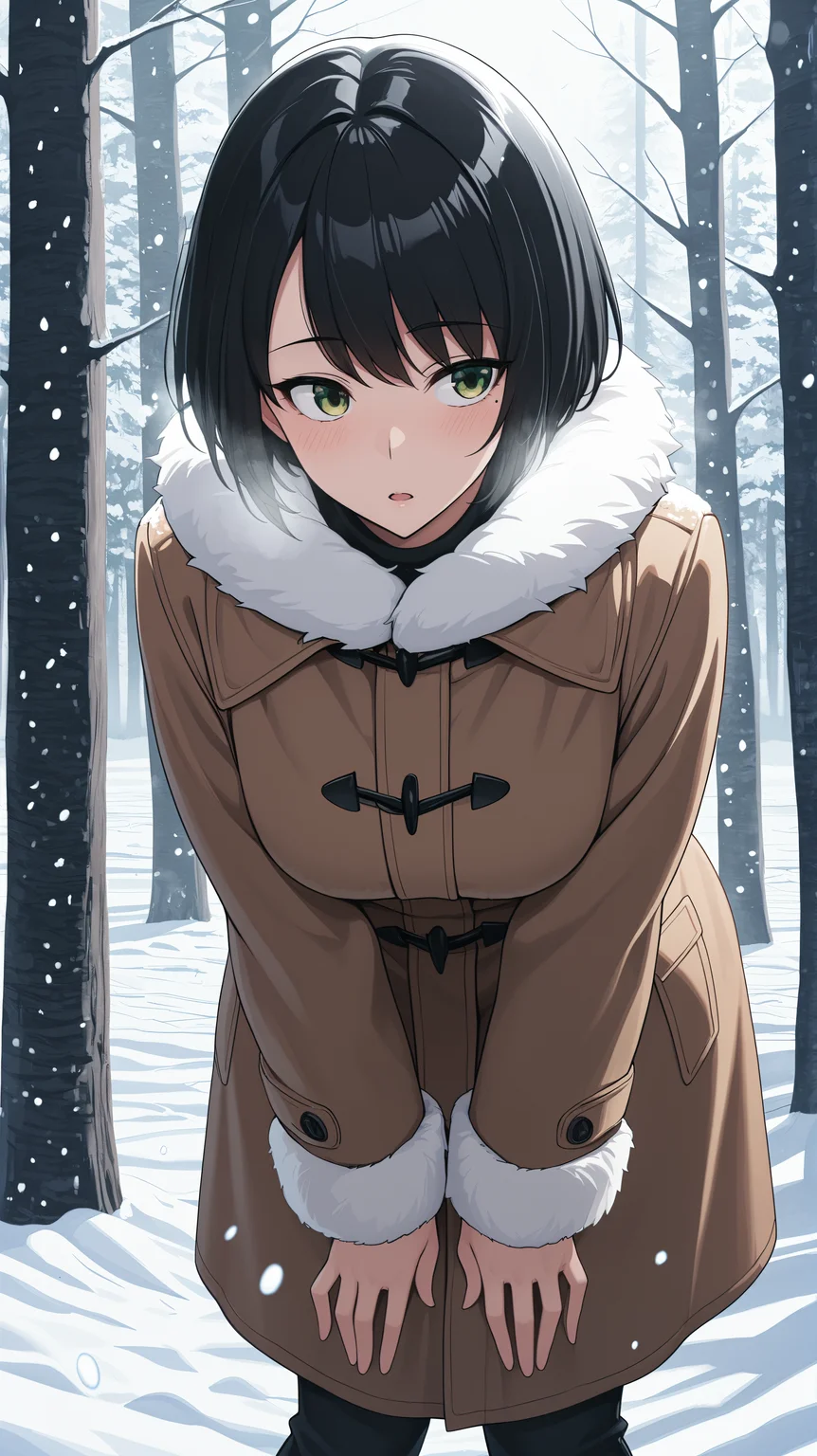 masterpiece, best quality, amazing quality, girl, bent over, <lora:Song-Yi Han - Illu:0.9>, short hair, black hair, green eyes, mole under eye, fur collar, winter coat, brown coat, long coat, snowing, winter, snowstorm, pine forest, closed coat, thick clothes,