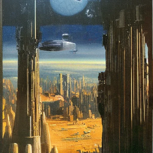 ralph-mcquarrie style, ancient greek architecture done in a sci-fi style space station, oil painting, beautiful, highly detailed, just the space station liminal