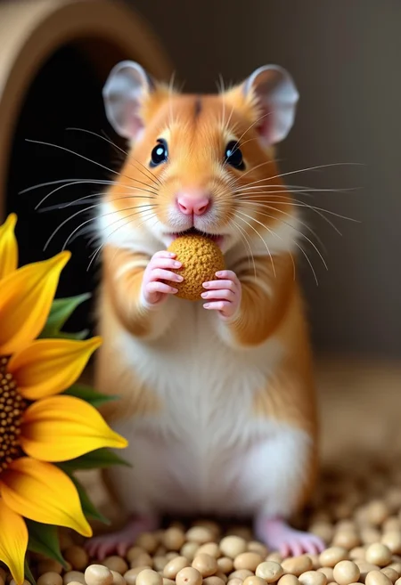 A tiny golden hamster standing on its hind legs and nibbling curiously on a sunflower seed in a cozy cage