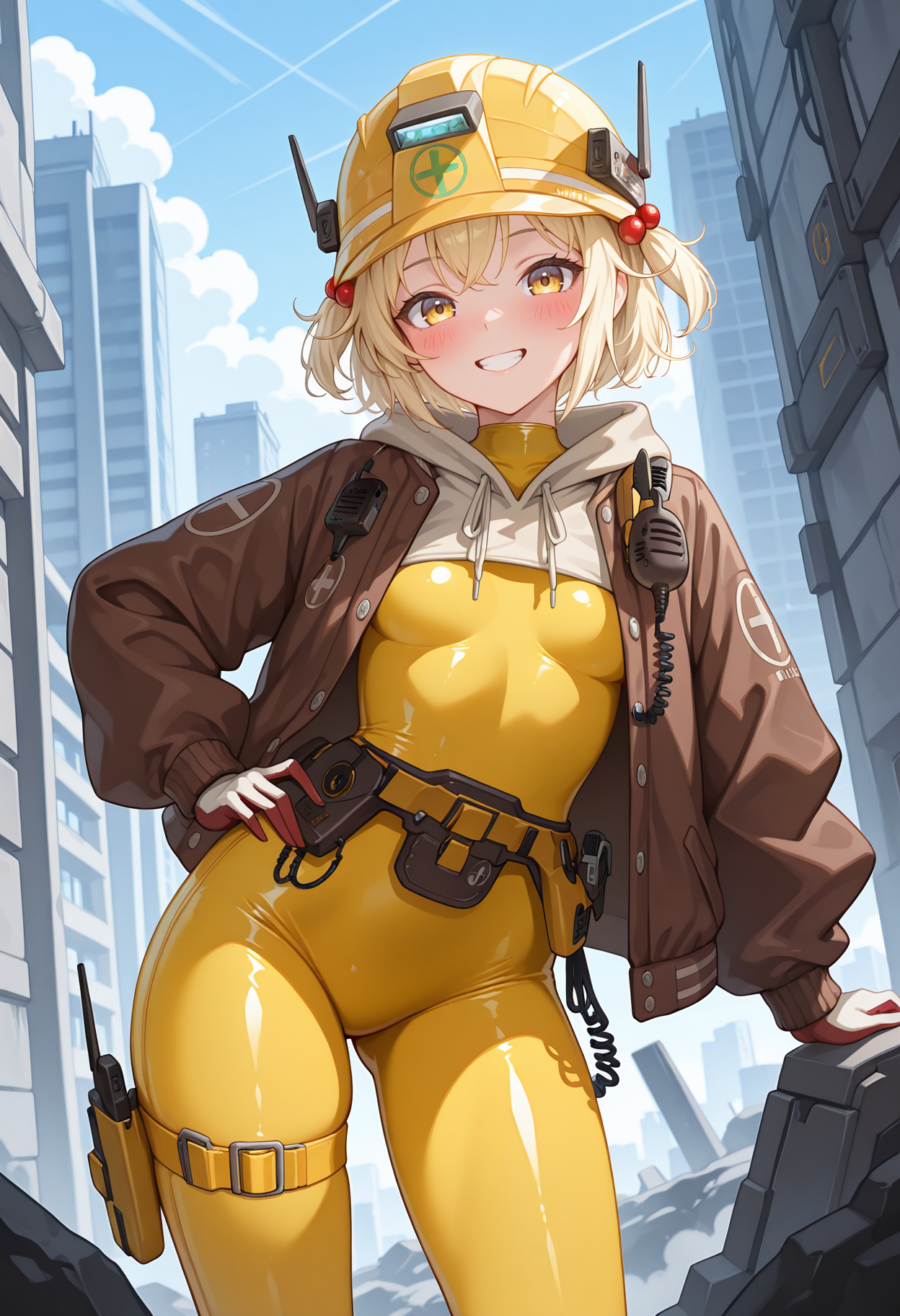 highres, best quality, masterpiece, outdoors, science fiction, 
1girl, solo, nkliter, blonde hair, short hair, two side up, yellow eyes,
literdef, yellow helmet, hair bobbles, yellow bodysuit, skin tight, brown jacket, drawstring, open jacket, hood, hood down, walkie-talkie, holster, utility belt, belt, two-tone gloves, thigh strap, 
looking at viewer, blush, smile, teeth,
standing, leaning to the side, hand on own hip, 
<lora:_liter_nikke-elesico-ilxl1b-000009:1>
