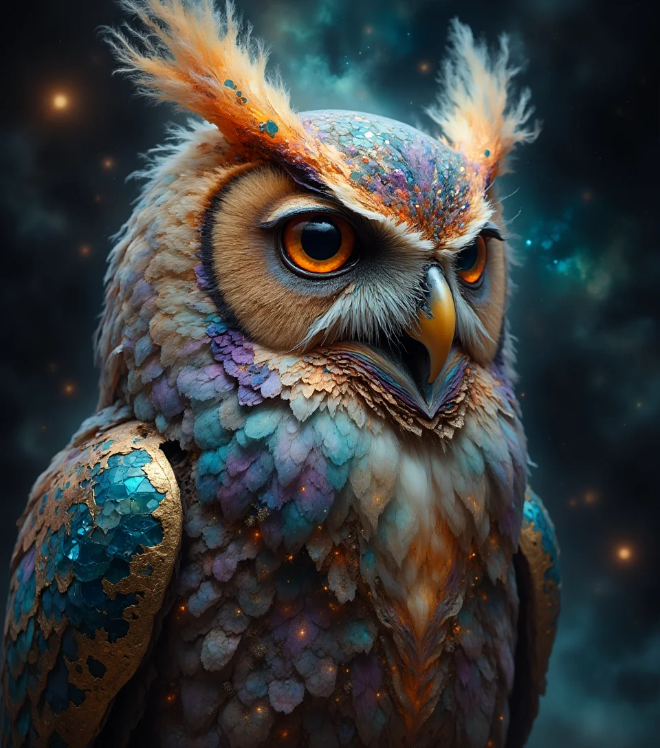 A mesmerizing iridescent owl with feathers composed of shimmering crystals, refracting light into a kaleidoscope of colors, perched in a dark, mystical atmosphere, its luminous plumage radiating an ethereal glow, deep, large eyes gleaming with ancient wisdom, reminiscent of the dreamlike quality of Mark Rothko's bold color fields, the intricate textures of Simon Stalenhag's digital art, and the enchanting, mystical realism of Kinuko Y. Craft's illustrations, with delicate, swirling patterns and an overall sense of mystique and wonder