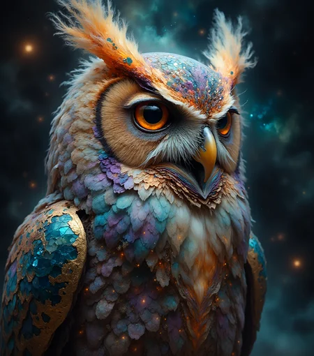 A mesmerizing iridescent owl with feathers composed of shimmering crystals, refracting light into a kaleidoscope of colors, perched in a dark, mystical atmosphere, its luminous plumage radiating an ethereal glow, deep, large eyes gleaming with ancient wisdom, reminiscent of the dreamlike quality of Mark Rothko's bold color fields, the intricate textures of Simon Stalenhag's digital art, and the enchanting, mystical realism of Kinuko Y. Craft's illustrations, with delicate, swirling patterns and an overall sense of mystique and wonder