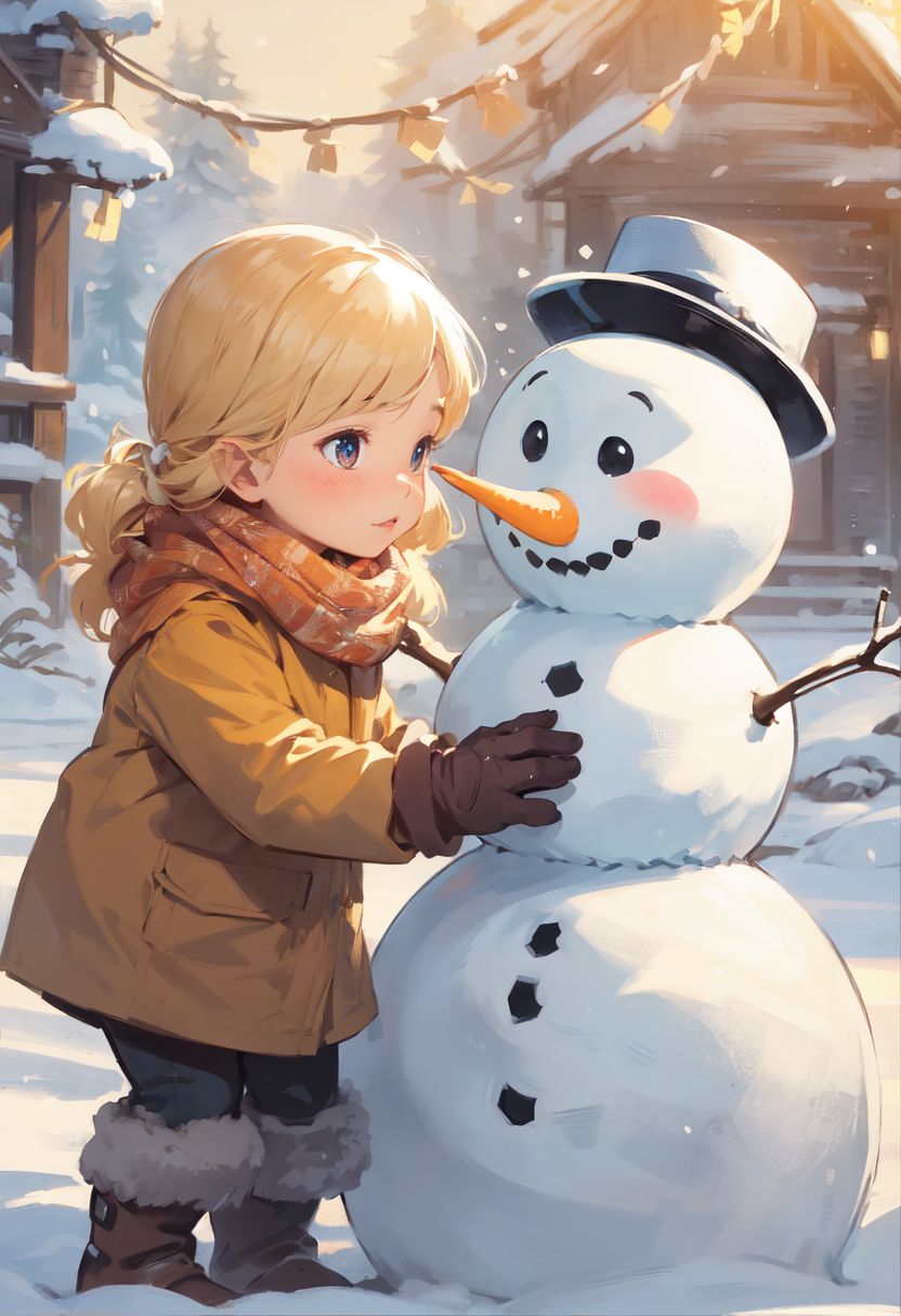 blonde cute flushed little girl trying to build a snowman, happy, cozy and comforting atmosphere, pixiv,