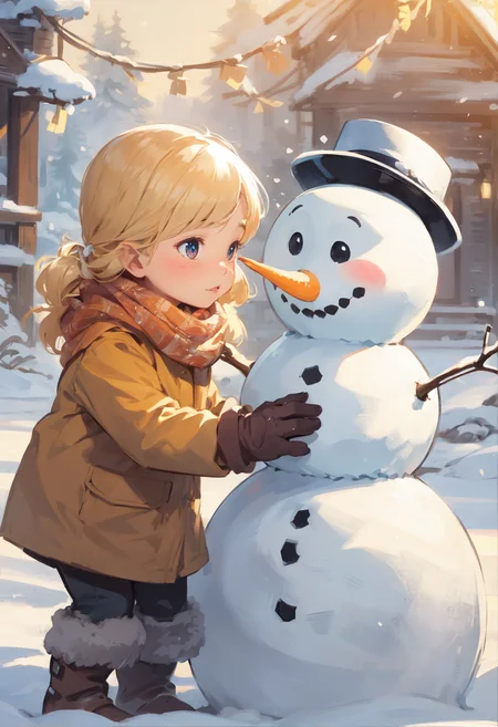 blonde cute flushed little girl trying to build a snowman, happy, cozy and comforting atmosphere, pixiv,