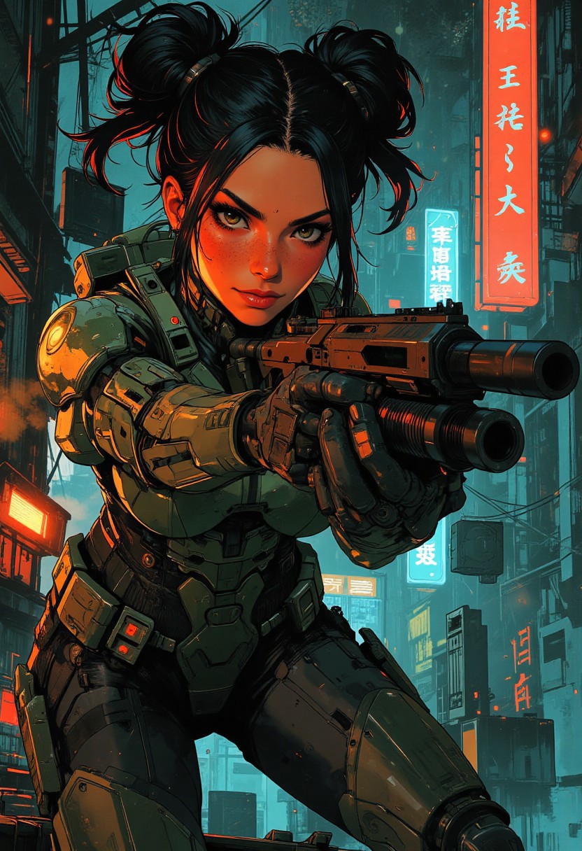 magnificent, closeup portrait, female bounty hunter, braided black hair, futuristic armor, halo spartan, spartan armor, sexy, curvy, large breasts, large ass, Shotgun, aiming shotgun, pointing shotgun, Cyberpunk City, Neon Lights, foreshortening,
looking at viewer, solo, smirk, cocky smirk, 
Cowboy Shot, close up, from above,
