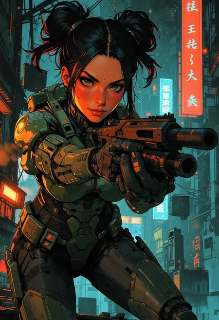 magnificent, closeup portrait, female bounty hunter, braided black hair, futuristic armor, halo spartan, spartan armor, sexy, curvy, large breasts, large ass, Shotgun, aiming shotgun, pointing shotgun, Cyberpunk City, Neon Lights, foreshortening,
looking at viewer, solo, smirk, cocky smirk, 
Cowboy Shot, close up, from above,