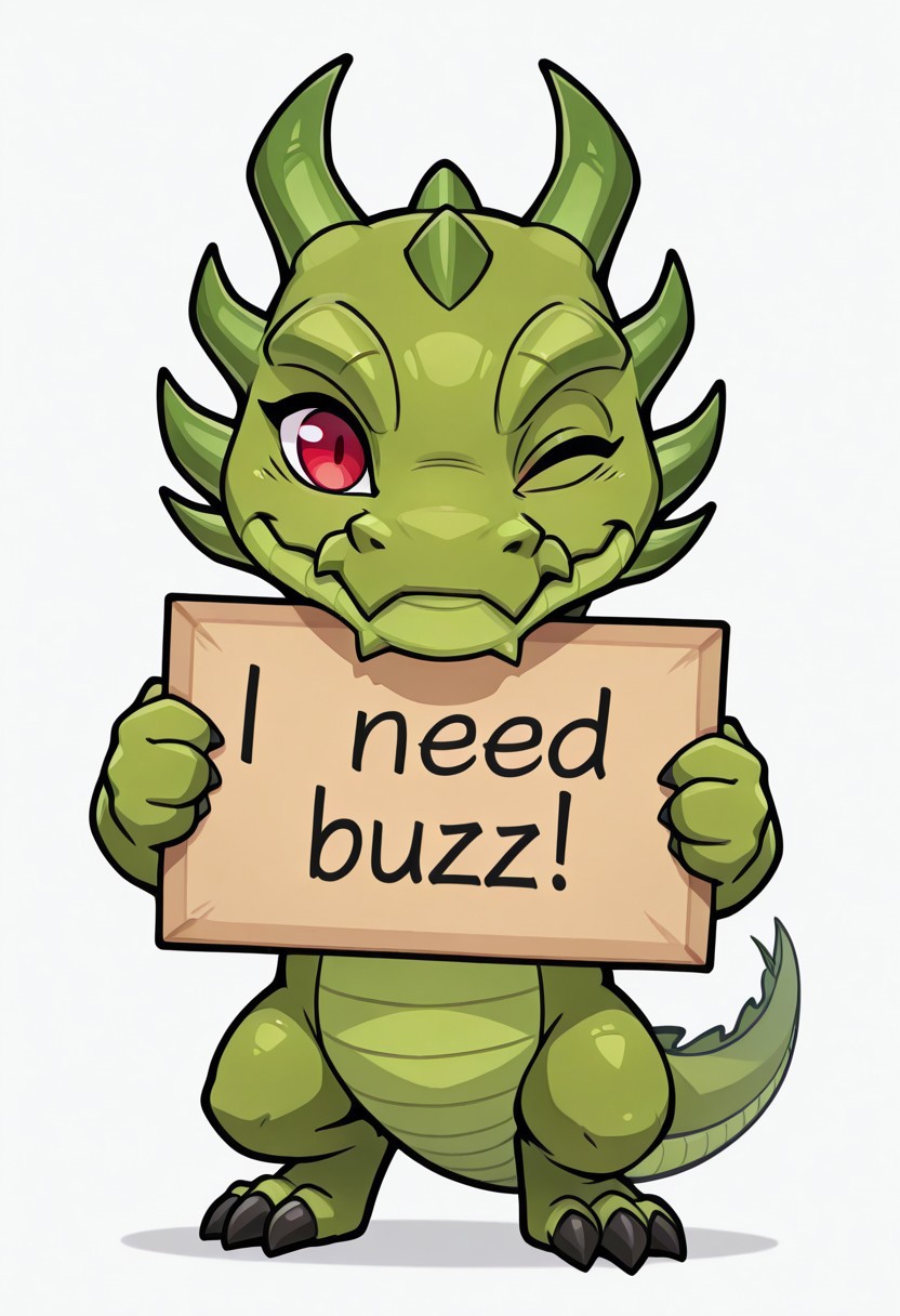 masterpiece, need_buzz, holding sign, shendu,chibi,chibi style, 1boy, solo, white background, green dragon, red eyes, full body, winking