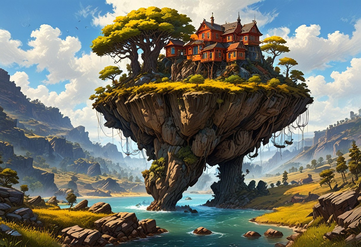 ((Floating Islands in the Sky):1.5), High in the sky, A bridge still stands, clinging to the side of the cliff with large metal legs which hold it in place, simon stalenhag, stormy weather, complementary colors, ((Highest quality:1.0),(High resolution:1.0), (masterpiece:1.0), (ground level view:0.6, viewer looking up:0.6), beautiful and aesthetic:1.3), extreme detailed, colorful, highest detailed,((ultra-detailed)),(highly detailed CG illustration),,