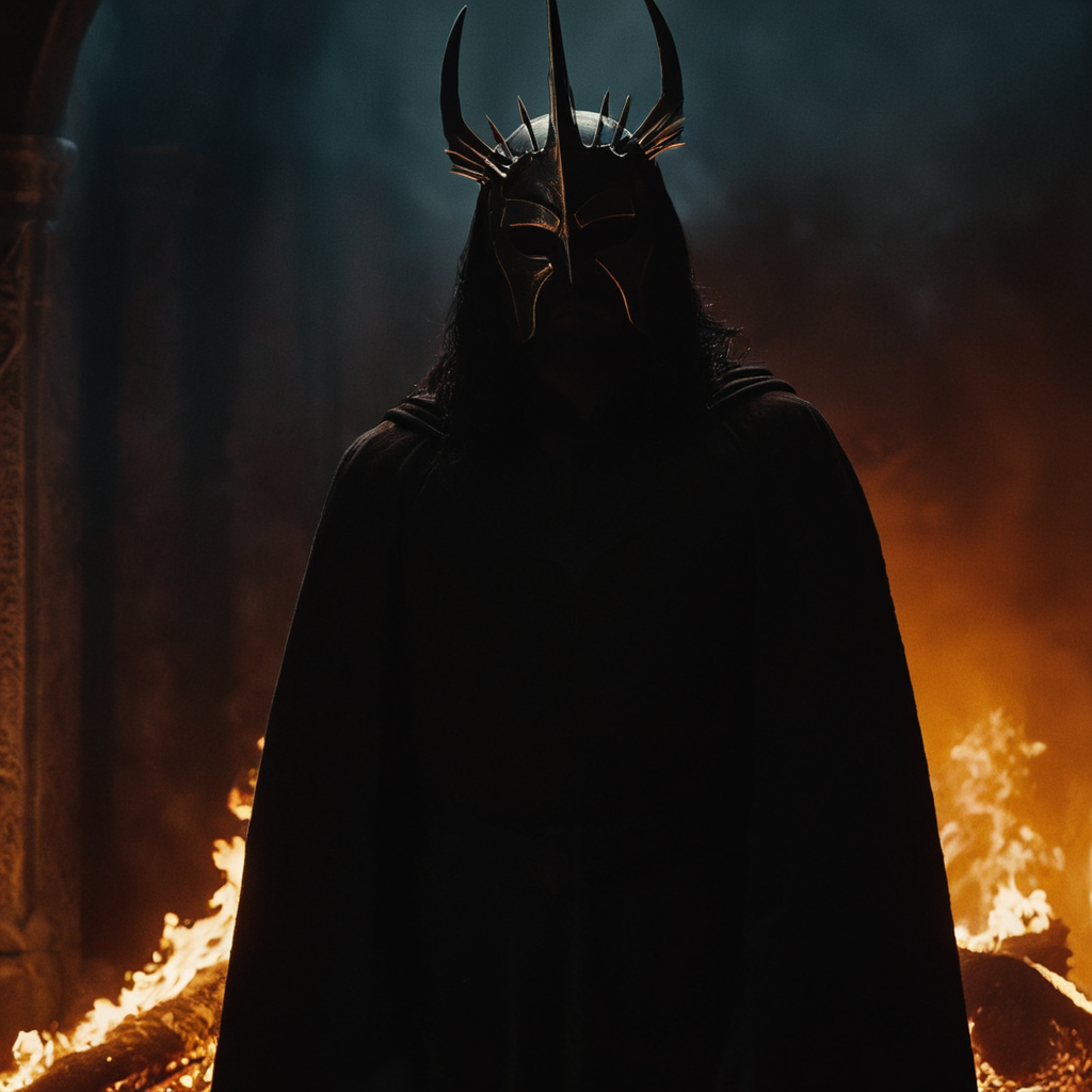 cinematic film still of  <lora:The Lord of the Rings style v2:1>
In a Fantasy Middle-earth world in the dark ages Sauron Mairon Annatar a silhouette demonic person with a face fully covered in a metallic demonic armor in a dark robe standing in front of a fire,primary antagonist,ultimate evil,ruler of Mordor,The Dark Lord,Necromancer,solo,1boy,standing,male focus,from behind,glowing,crown,1other,silhouette , dramatic light, dramatic shadow light, film contrast, cinematic film color, cinematic film look, filmic, realistic, realism, perfection, perfect, movie still, fantasy drama, epic drama, fictional, Age of Wonders, Age of Empires, warriors,  Medieval style, middle ages, dungeons and dragons style, different people, different, unique, kingdoms and castles, violent, aggressive, detailed, perfection, detailed face, detailed body, detailed hands, detailed eyes, sharp, horror themed, dark themed, epic fantasy adventure film style, Legendary, mythical, The Lord of the Rings style, shallow depth of field, vignette, highly detailed, high budget, bokeh, cinemascope, moody, epic, gorgeous, film grain, grainy