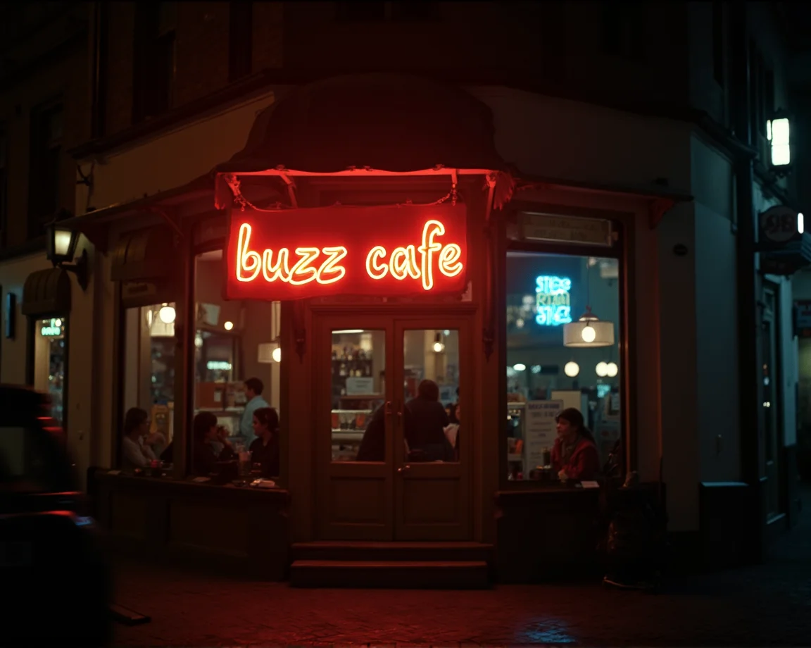 cinematic film still cinematic photo coffee house in the city centre and its sign says "buzz cafe" in neon.night
 . 35mm photograph, film, bokeh, professional, 4k, highly detailed . shallow depth of field, vignette, highly detailed, high budget, bokeh, cinemascope, moody, epic, gorgeous, film grain, grainy