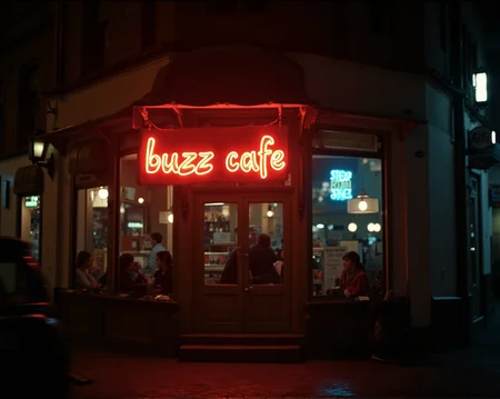 cinematic film still cinematic photo coffee house in the city centre and its sign says "buzz cafe" in neon.night
. 35mm photograph, film, bokeh, professional, 4k, highly detailed . shallow depth of field, vignette, highly detailed, high budget, bokeh, cinemascope, moody, epic, gorgeous, film grain, grainy